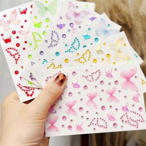 1Pc 3D Pink Butterfly Gem Face Tattoo Sticker Tulle Butterfly&Round Rhinestone Tattoos Self-Adhesive Decor for Makeup Body Decor