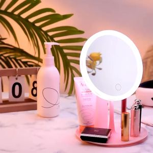 Gương trang điểm để bàn có đèn LED Pkbeoshop cao cấp bằng nhựa hình tròn trắng hồng pin bền sạc nhanh tặng cáp sạc