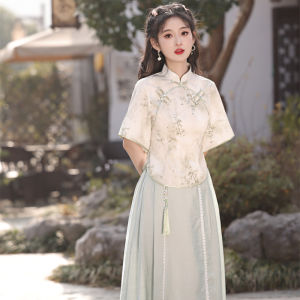 Young Girls Daily Wear Artistic Cheongsam Dress Set 2025 Style Cotton Fabric Floral Print Short Sleeve round Collar Hanfu