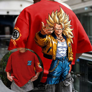 Bandai | Dragon Ball Z Trunks Super Saiyan 3 Streetwear Anime T-Shirt for Men 100% Cotton Summer Casual Yellow Jacket Graphic Print