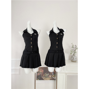 Váy Ngắn Không Tay Cổ Treo Mùa Hè Cho Nữ Dáng Chữ a Xếp Ly Kiểu Pháp Không Dây Cạp Cao Hở Lưng Váy Công Sở Cổ Điển