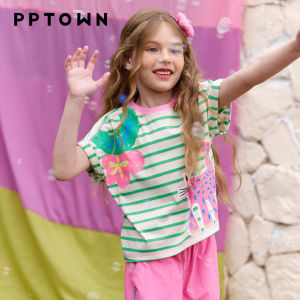 PPTOWN | Cute Cat Stripes Childrens Summer New Tee