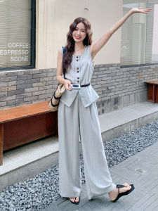 YINLUOYA | Korean Style Womens Summer Slimming Wide Leg Pants Set Sleeveless Fashionable Anti-Aging Two-Piece Ensemble Round Neck Button