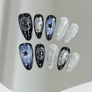 10pcs Colorful Star Black Press on Nails Almond Flash Punk Spicy Girls Handmade False Nails Blush Glitter Charming Manicure Nail