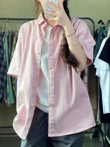 Dopamine Fall Fashion Sweet Pink Pure Cotton Womens Shirt Short Sleeve Thin Loose Versatile Casual Style Button Pocket Detail