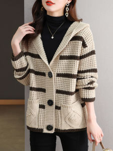 MAIMEI | Womens Loose Knitted Short Hoodie Sweater Coat Spring Autumn Striped Open Cardigan Warm Thickened Long Sleeve Casual Outerwear