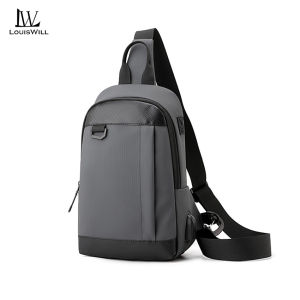 LouisWill Man Bag Fashion Chest Bag Mens Shoulder Bag Earphone Hole Design Waterproof Plaid Splicing Crossbody Bag Large Capacity Street Bag Casual Bag Messenger Bag Travel Bag Business Bag