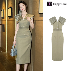 Happy Diva เดรสผู้หญิง เดรสสีน้ำตาล เดรสคอวี เดรสแขนกุด เดรสทำงาน เดรสไฮโซ เดรสวินเทจ เดรสออกงาน เดรสปาร์ตี้ ชุดราตรี 30911