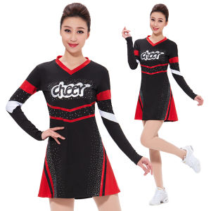 Black Long Sleeve Gymnastics Outfit Female Set Glittering Cheerleading Uniform Stage Performance Sportswear Fitness Fan Gear