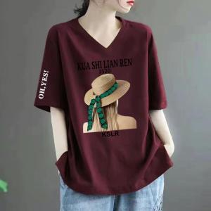 Loose Short Sleeve Womens T-shirt V-neck Round-neck Summer New Style Wine Red Slimming Print Top Trendy Cotton Casual Tee