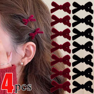 4PCS Mini Red Velvet Bow Hair Clips Little Girls Sweet Candy Color Velvet Small Bow Knot Hairpins Hairgrips Barrette Hair Accessories