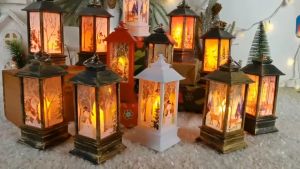 Christmas Flame Light Portable Vintage Hanging Lantern Snowman Elk Santa Claus Night Light Desktop Decor Home