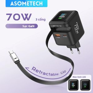 Sạc Nhanh GaN 70W Với Cáp Type-C Thu Gọn 3 Trong 1 Hỗ Trợ PD3.0 QC4.0 PPS Cho iPhone 16/15/14 Máy Tính Bảng Xiaomi Laptop - Bộ Chuyển Đổi Sạc Nhanh USB-C
