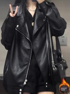 Black PU Leather Jacket Womens Loose Cotton Inserted American Style Retro Coat Street Style Long Sleeve V-Neck Regular Length