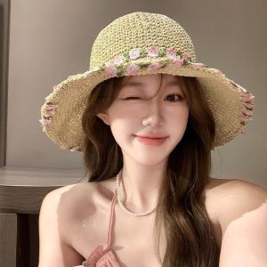 Rural style summer straw hat beach vacation sun hat small flower sun hat foldable straw hat