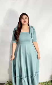 Beatrice Ribbon Dress with Pocket and Tie Casual Comfort Neoprene Material Square Neckline Puff Sleeves Midi Length Elegant & Timeless Look