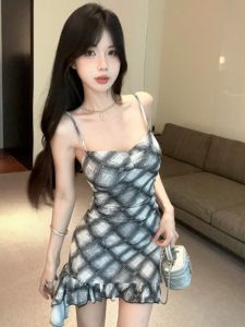 GUZILIAN | American Retro Spicy Girl Unique Plaid Strap Dress Womens Design Sensation Small Uneven Waist Inward Short Skirt