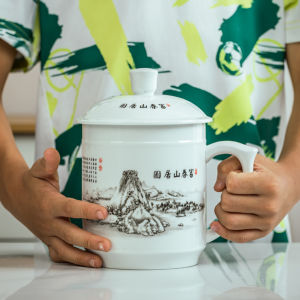 Large Ceramic Tea Cup with Lid High Capacity 1000ml for Home Office Meeting Personal Dehua Big Water Cup Simple Chinese Style