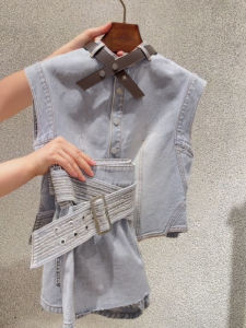 VKSOD | Vintage American Street Style Denim Set Womens Fashion Design Sleeveless High Waist Slim Straight Skirt Pants Two-Piece Suit