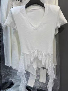 BINKAFENNY | Irregular White Lace Splice V-neck Sash Short Sleeve T-shirt Women Summer Unique Design Beautiful Top Korean Style Commute