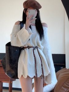 Soft Knitted Shoulder Bared Sweater Womens Loose Fit Long Sleeve Crew Neck mid Length Outerwear Spring Autumn Korean Style