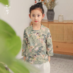 New Chinese Style Artistic Girls Shirt Cotton Print Half Sleeve Childrens Top Pure Cotton Early Autumn Clothing for Kids