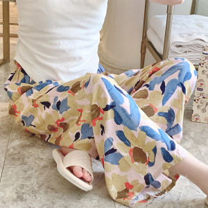 Mid-Waist Cotton Silk Wide-Leg Sleepwear for Girls Casual Striped Design Lightweight Summer Lounge Pants Rubber Band Waistband
