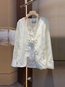 plus Size Womens Jacket Button round Neck Long Sleeve Hidden Flower Pattern Fashionable Traditional Style Versatile Top for Plump Sister