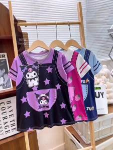 ชุดกระโปรงเสื้อยืดหมีสีชมพูกระต่ายน่ารักสำหรับเด็กผู้หญิงkuromi 2025ชุดการ์ตูนน่ารักสำหรับฤดูร้อน