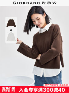 Giordano Womens Long Sleeve Knitted Shirt 2-Pack Layering Fine Knit White Split Fashion Set Spring 2025 Acrylic Polyester Nylon