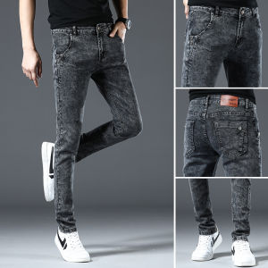 Mens Slim Fit Jeans Elastic Workwear Wear Resistant Spring Autumn Fashion Casual Long Pants mid Waist Zipper Closure