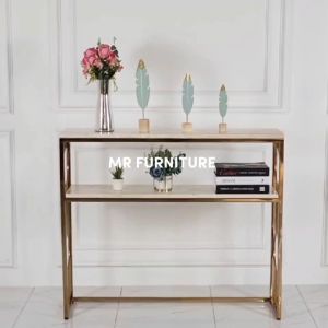 Meja Konsul Stainless Gold Top Marmer Krem Double