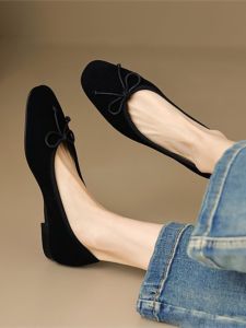 Original Little Luo 2024 New Womens Flat Ballet Shoes Leather Bow Knot Soft Bottom Dance Bean Shoes Fashionable Casual Loafers
