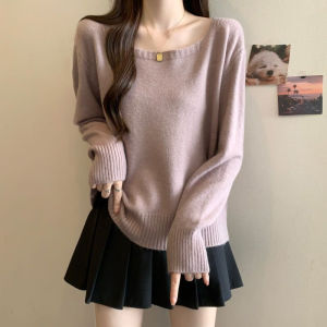 Purple Knitted Sweater Square Collar Long Sleeve plus Size Womens Base Shirt Soft Cozy Top Korean Style Loose Fit Autumn New Arrival