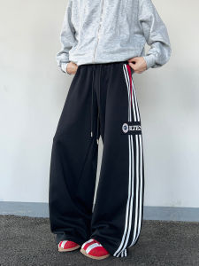 Fall American Retro Street Dance Sporty Loose Straight Legged Patchwork Stripe Wide Leg Long Casual Pants for Men