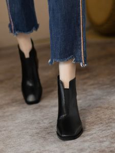 รองเท้าบูทสั้นหนังทรงสี่เหลี่ยมหัวเข็มขัดแบบซิปหลังสำหรับผู้หญิง ฤดูใบไม้ร่วง/ฤดูหนาว รองเท้าส้นสูงแบบลำลอง รองเท้าบูทสั้นแบบลำลองสำหรับผู้หญิง