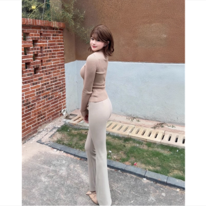 Khaki Color Slimming Classic Trousers Womens High Waist Flared Pants Casual Pure Color Polyester Fiber 90% Spandex 10%