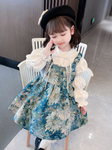 Spring Autumn Girls Cheongsam Dress Set with Shirt And Overalls Floral Cotton Korean Style A-Line Skirt for Baby Girls