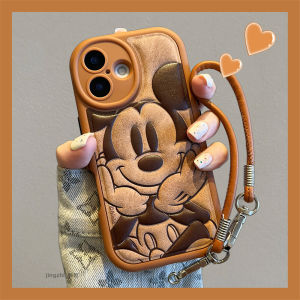 Brown Leather Texture Stamp iPhone15 pro Max Case Cartoon Ins Style Cute Design Apple Compatible Mobile Phone Cover with Lanyard