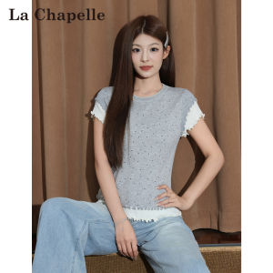 La Chapelle | Illusion Two-piece Shoulder T-Shirt Thin Summer Design Polka Dot Womens Top