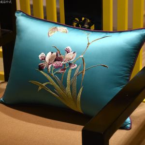 Luxurious Redwood Embroidered Pillow Elegant Chinese Style Sofa Backrest Living Room Couch Cushion Rectangular Silk Cover