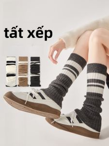 MiiOW | Tất ống dài dày dặn màu xám cho nữ MiiOW Quần legging bảo vệ đầu gối ấm áp mùa đông 2 đôi Dệt kim họa tiết sọc