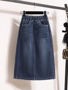 High Waist Mid-Length A-Line Denim Skirt with Slit plus Size Elastic Waist Korean Style Commute Polyester Fiber Spring 2024