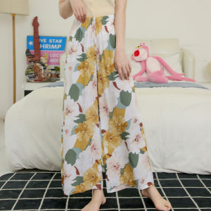 Cotton Silk Wide Leg Pants for Women Summer Comfortable Home Sleepwear Pants Casual Viscose Fabric Rubber Band Placket