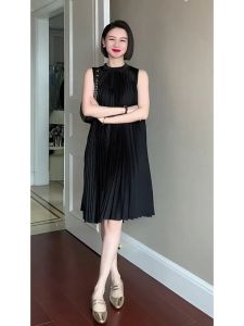 French Accordion Pleat Mini Dress Womens Loose Elastic Folded Sleeveless Vest High Waist Polyester Fiber Summer Dress