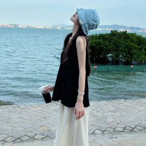 ZHENMANZI | French Stylish Black Spaghetti Strap Vest for Summer Beach Wear