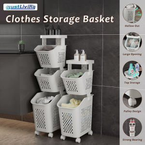 JustLiving ตะกร้าตะกร้าใส่เสื้อผ้าใช้แล้วซักผ้าแบบมีสาย1/2/3/4ชั้นบางช่องว่างชั้นเก็บของหนาถังที่เก็บของใช้ในครัวเรือนตะกร้าใส่ของหลายชั้นสำหรับกับล้อห้องน้ำ Bakul Baju Bakul Dobi