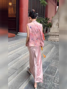 DANTING | New Pink Print Acetate Satin Womens Two Piece Set