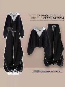 Womens Casual Sportswear Set High Waist Wide Leg Pants Two Piece Suit Autumn Leisure Design Sense Fake Two Pieces Sweatshirt