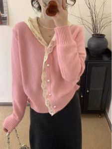 Áo Len Cardigan Dệt Kim Ngắn Hở Vai Cổ Tròn Ren Viền Trùm Đầu Thời Trang Thu Đông Cho Nữ Chất Liệu Cotton Pha Trộn